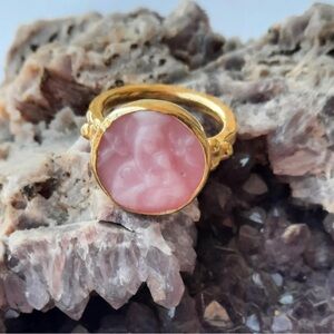 Intaglio Glass Greek Handmade Ring Virgin Mary Infant Jesus Pink Gold Plated